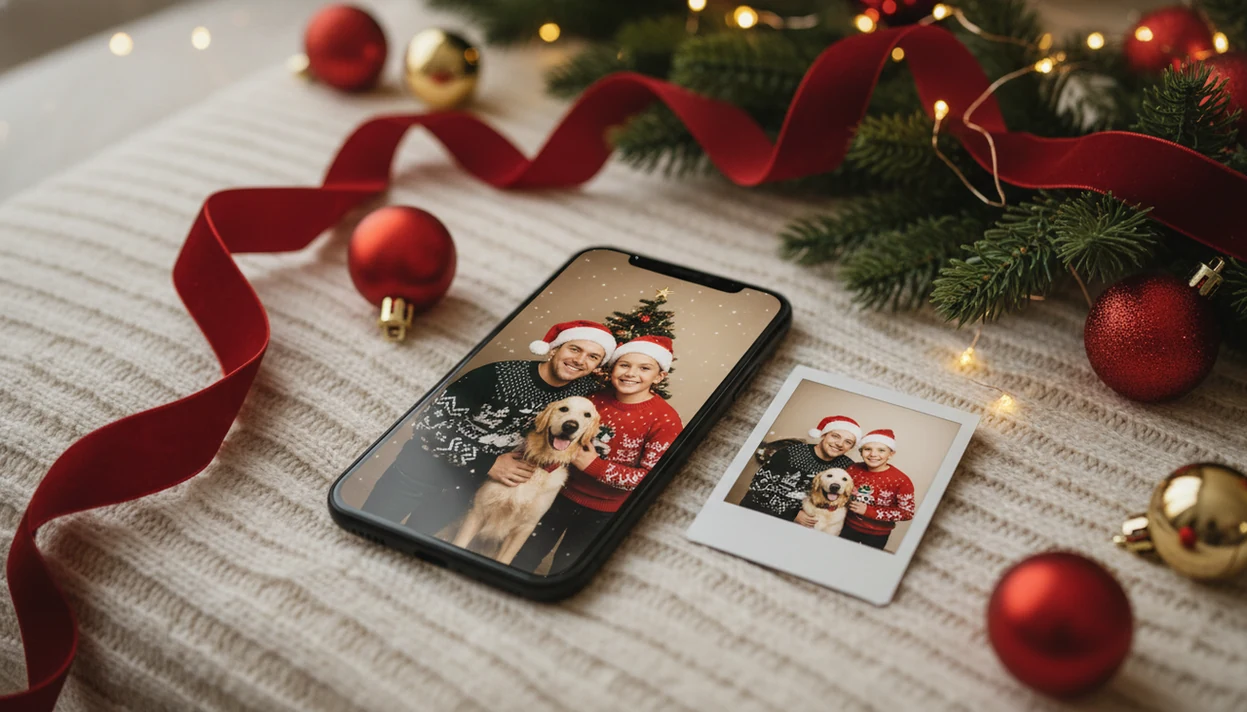 A phone displays a personalized Christmas wallpaper beside the original photo on a cozy holiday blanket.