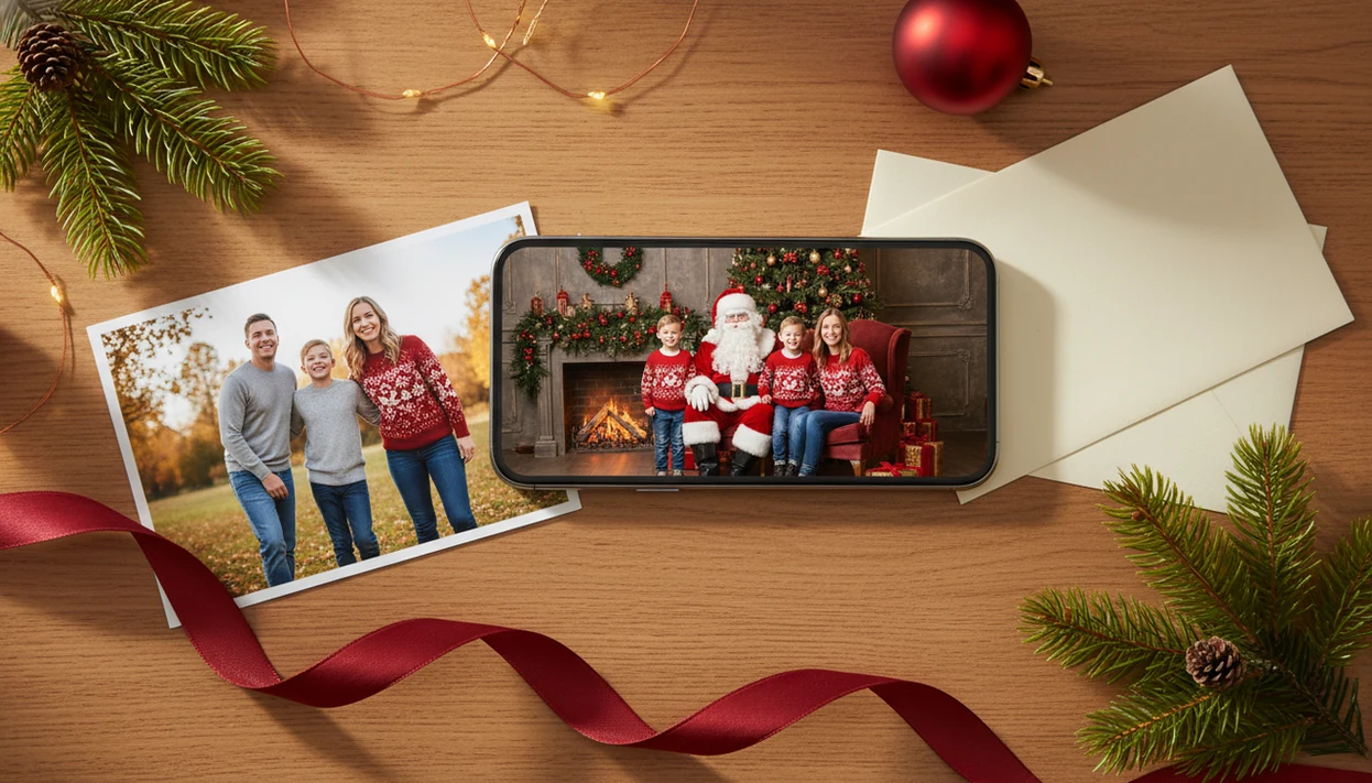A phone shows an AI Santa family portrait beside the original printed family photo on a festive table.