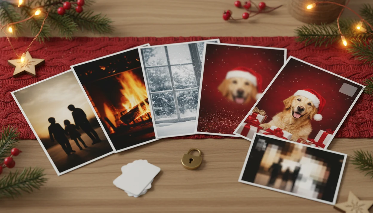 Holiday photo prints and privacy cues show the trade-offs in free AI Christmas photo apps.