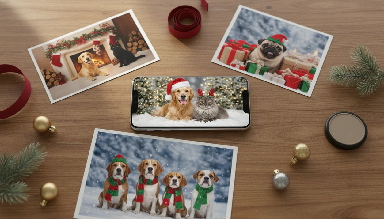 A phone and printed Christmas pet portraits show dog and cat holiday photo app results on a desk.