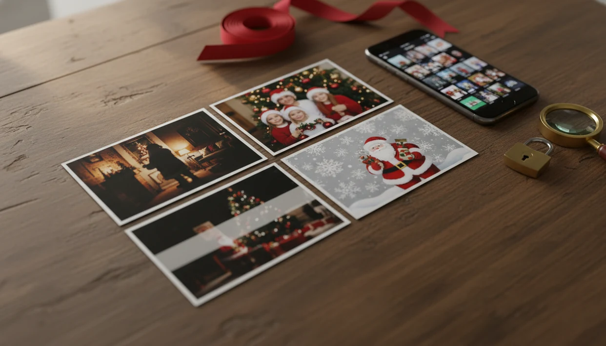 Holiday photo prints, a phone, lock, and magnifying glass show Santa app tradeoffs on a festive desk.