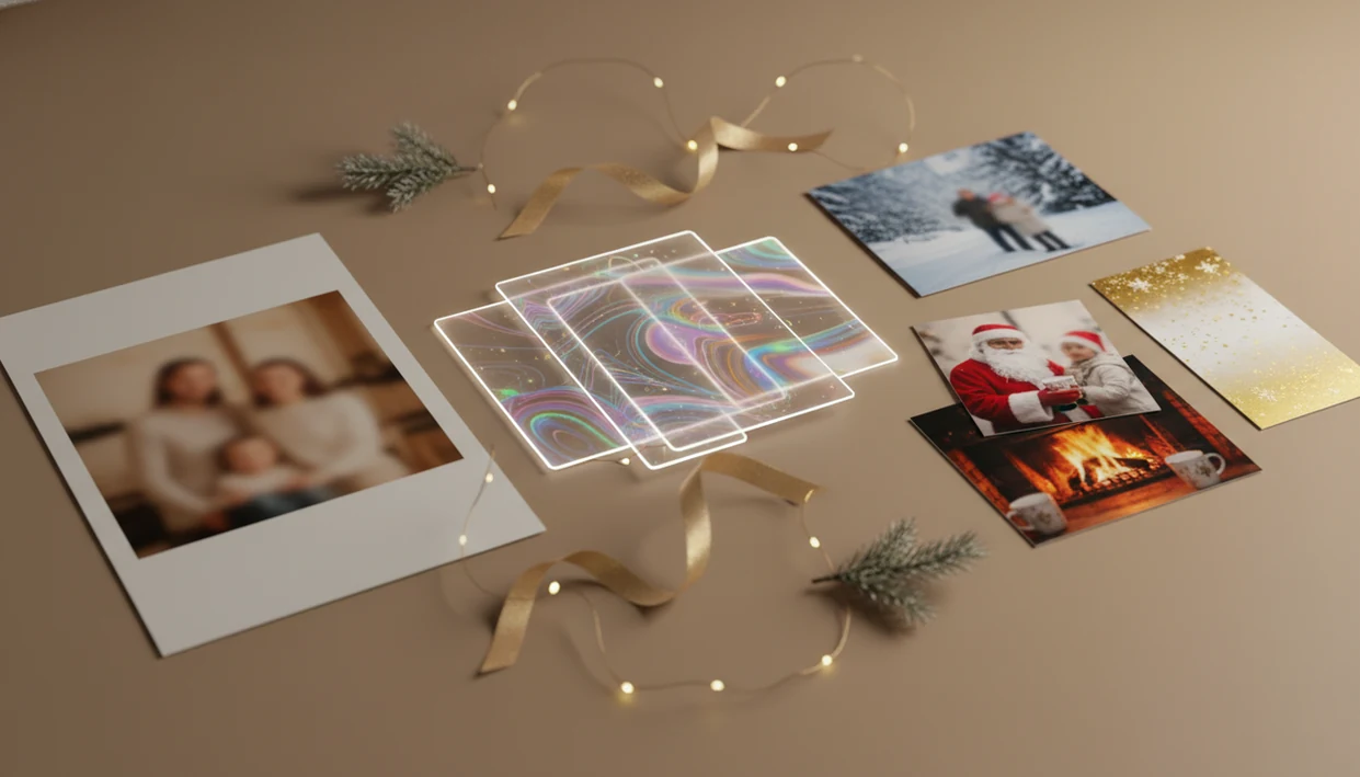 A source photo visually transforms through layered AI steps into several Christmas portrait outputs.