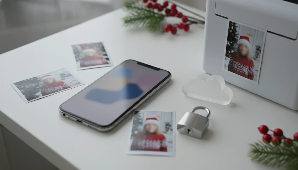 A phone, blurred holiday photo prints, a cloud symbol, and a padlock suggest deleting AI Christmas app photos.