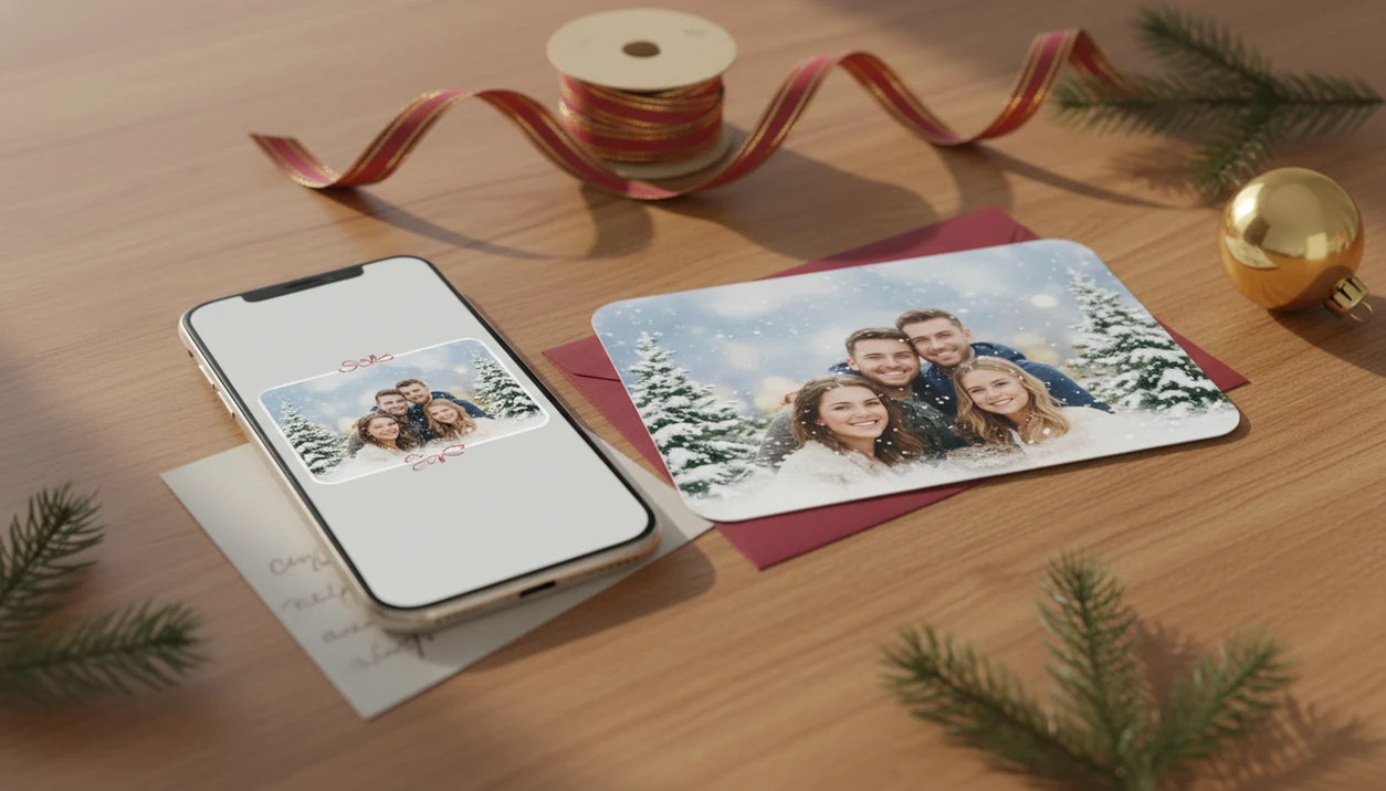 A smartphone, printed Christmas photo card, envelopes, pine sprigs, and ornaments arranged on a wooden table.