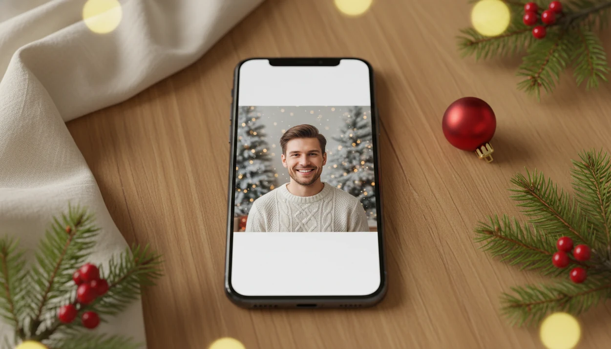 A phone displays a festive vertical Christmas portrait wallpaper with safe space above the subject.