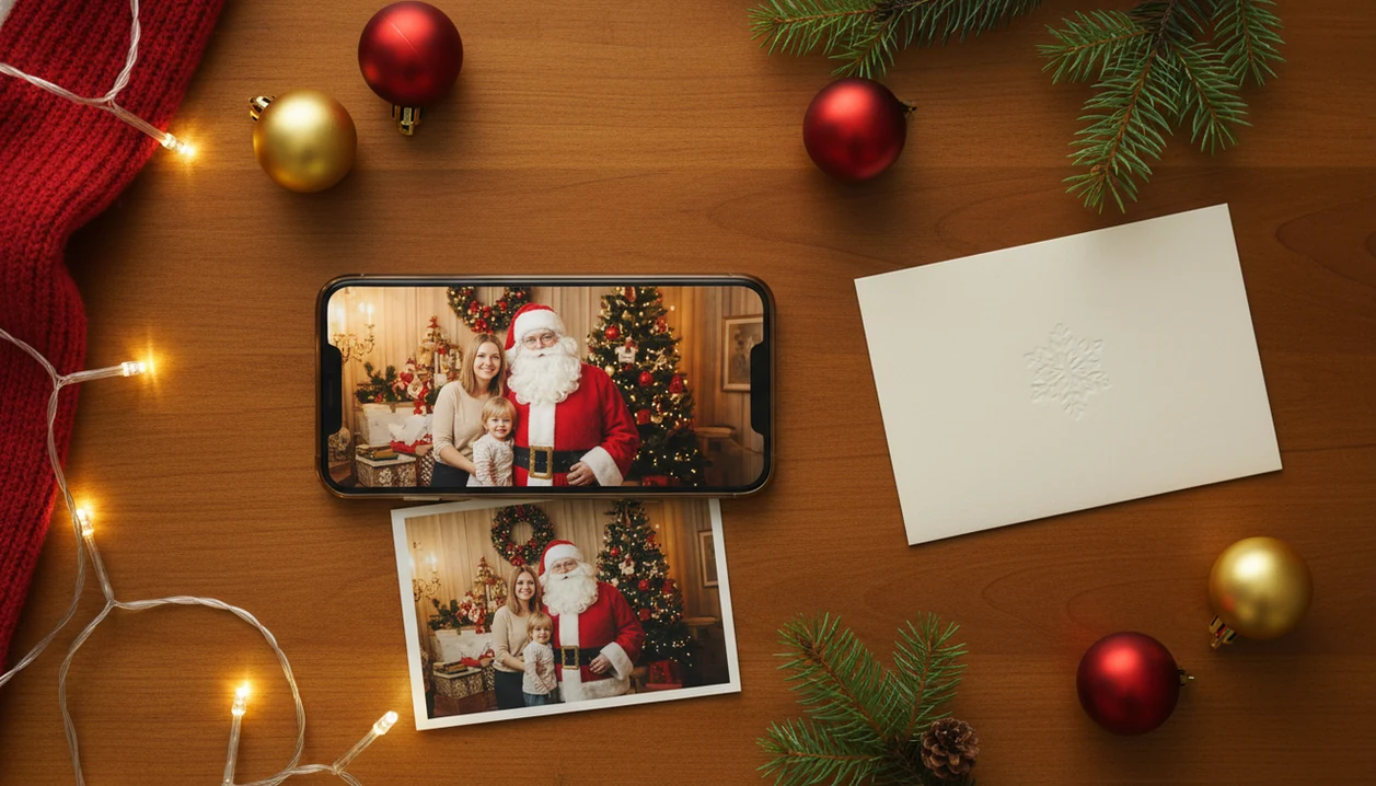 An iPhone shows a finished Santa portrait beside an original family photo on a Christmas table.