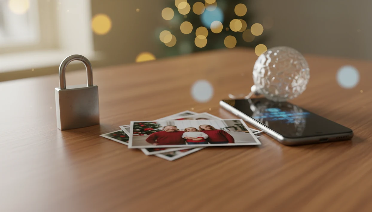 Face-down family holiday photos sit beside a padlock and ornament, suggesting safer AI photo uploads.