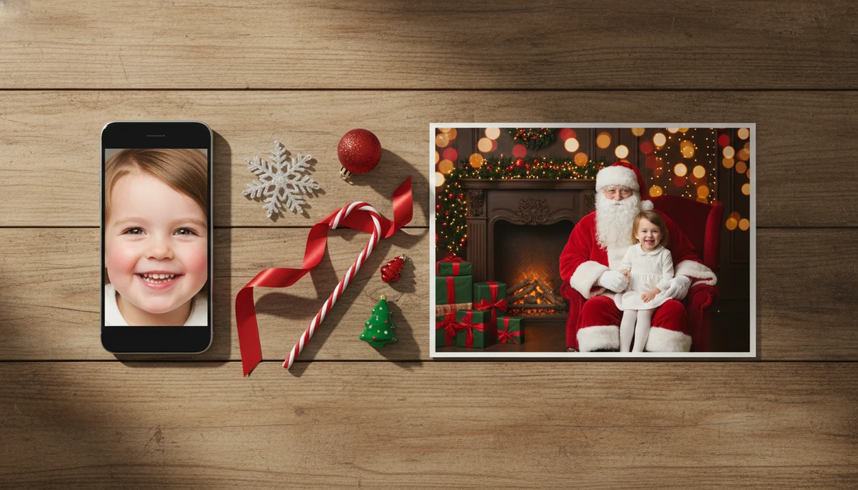A phone photo of a child sits beside a finished Santa portrait on a festive wooden table.