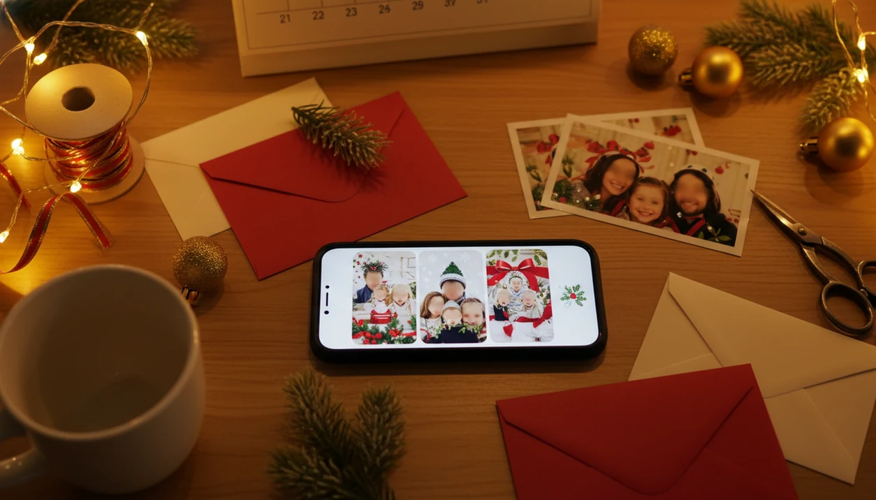 A phone and finished holiday photo cards sit on a festive table for a last-minute Christmas card project.