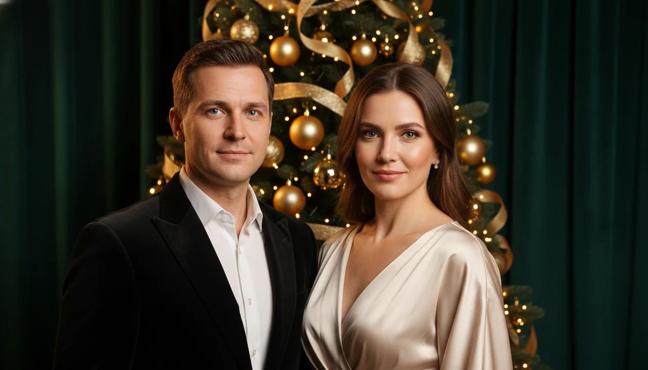 A formal couple portrait with warm gold Christmas lighting, elegant décor, and a premium studio holiday mood.