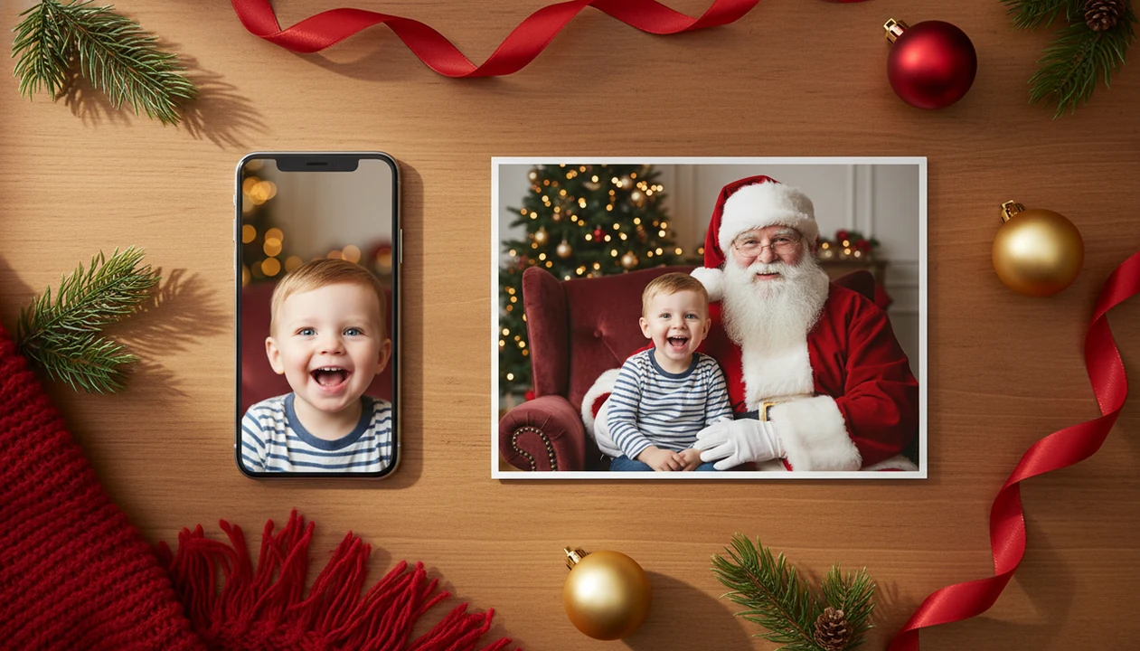 A phone photo of a child sits beside a finished Santa portrait on a festive wooden table.