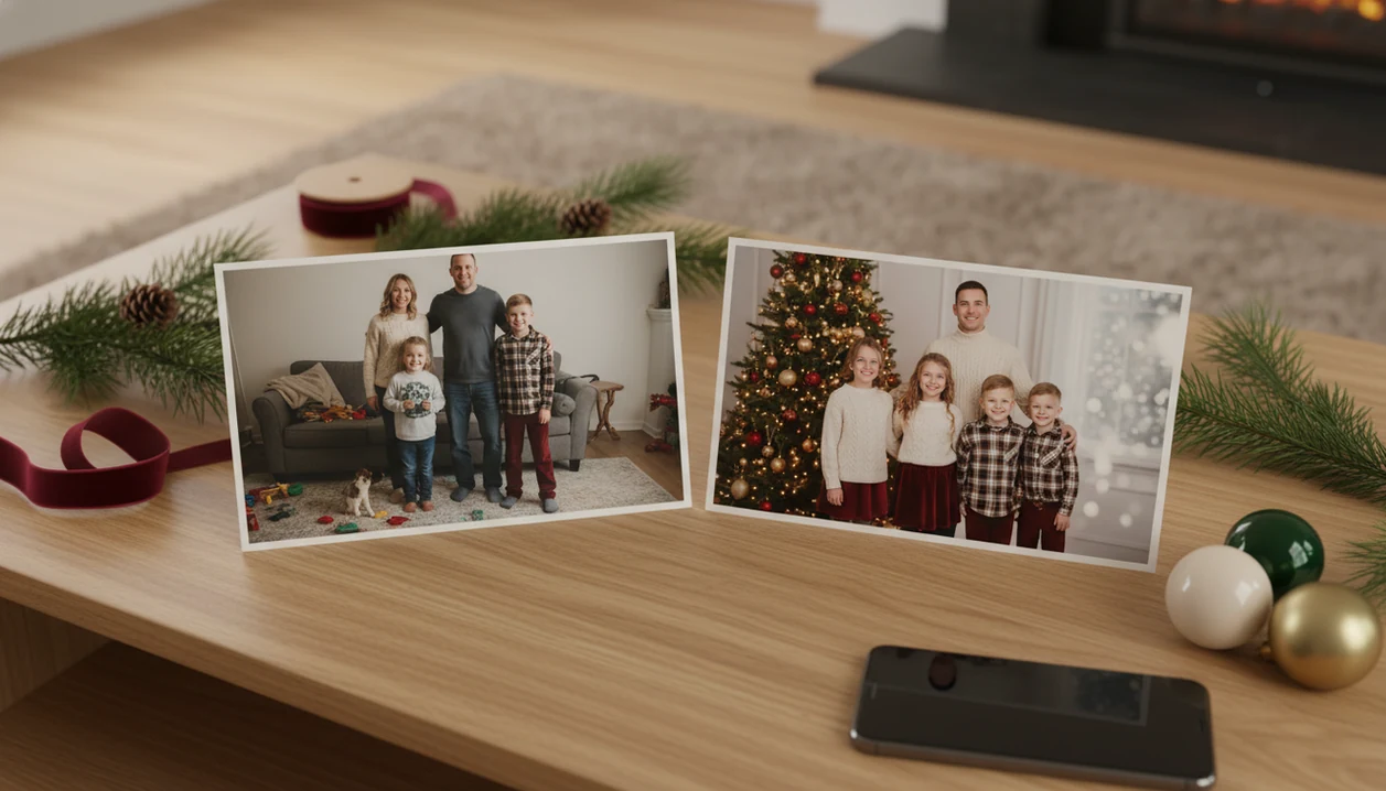 Two family photo prints show a casual snapshot transformed into a coordinated Christmas portrait.