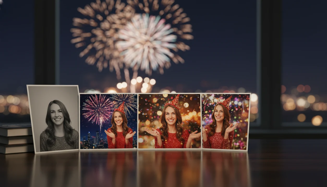 A single portrait photo appears beside festive New Year fireworks portrait variations on a studio desk.