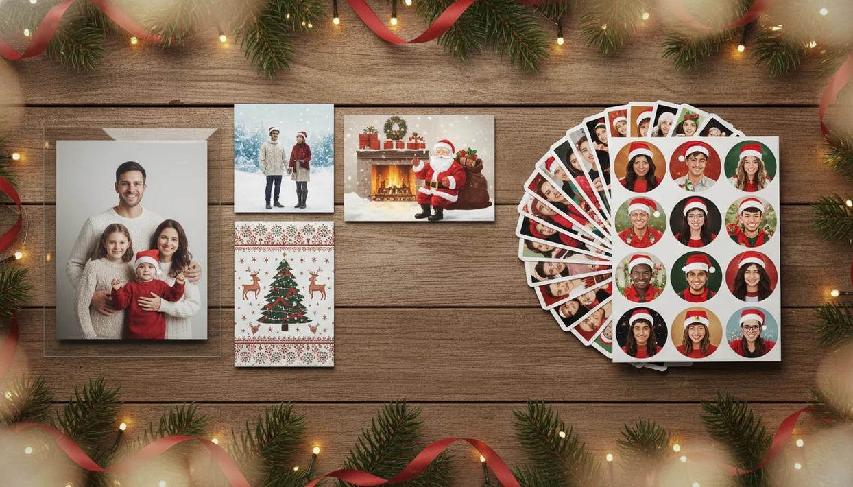 A Christmas flat lay compares one uploaded photo with many training photos and their AI portrait results.