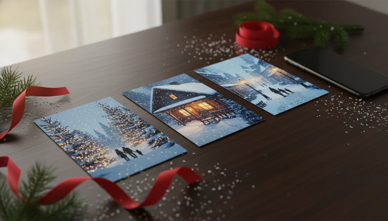 Holiday card mockups show family portraits in snowy forest, cabin, and Christmas village backgrounds.