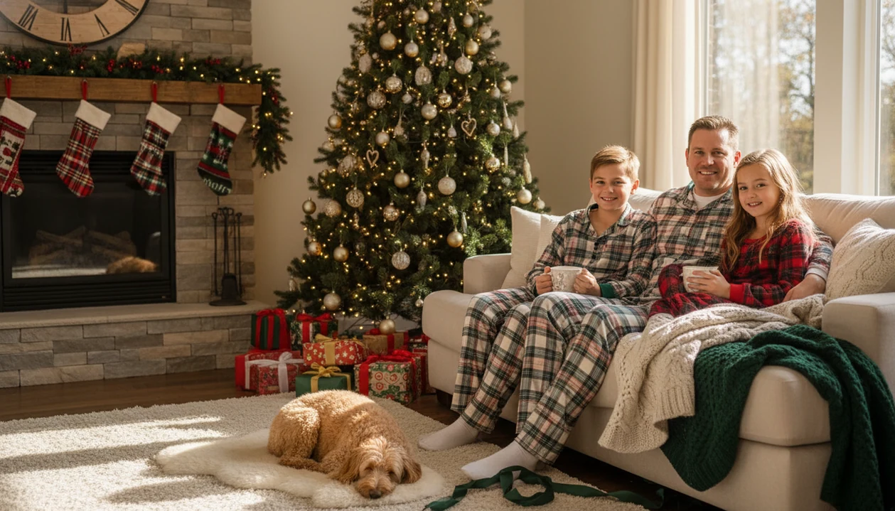 A family in coordinated Christmas pajamas sits by the tree with gifts and a dog on a cozy morning.