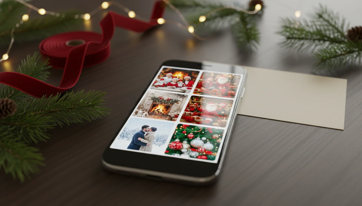 An Android phone displays festive AI Christmas portrait thumbnails on a cozy holiday table.