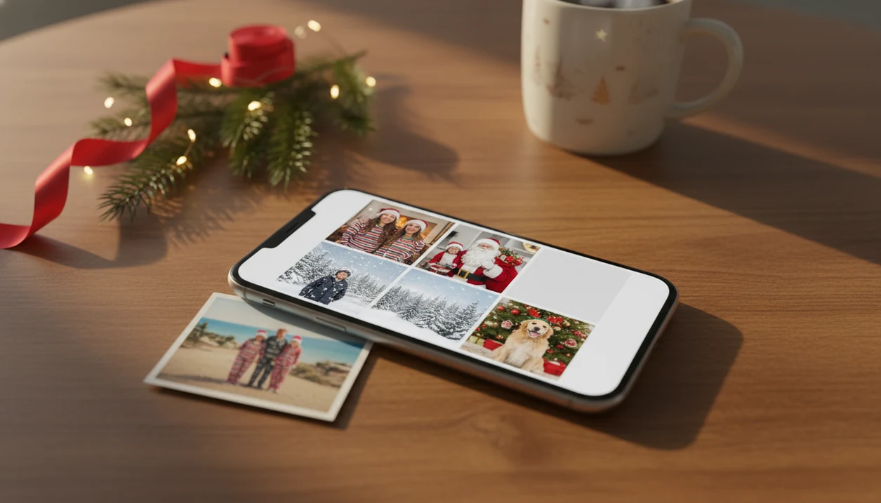 An iPhone on a Christmas table shows festive AI portrait variations made from one photo.