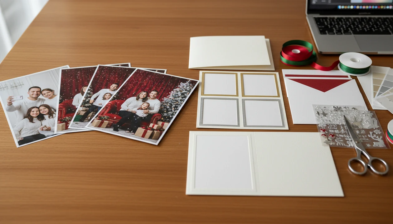 A flat lay compares AI Christmas portrait prints with holiday card editing materials on a wooden desk.