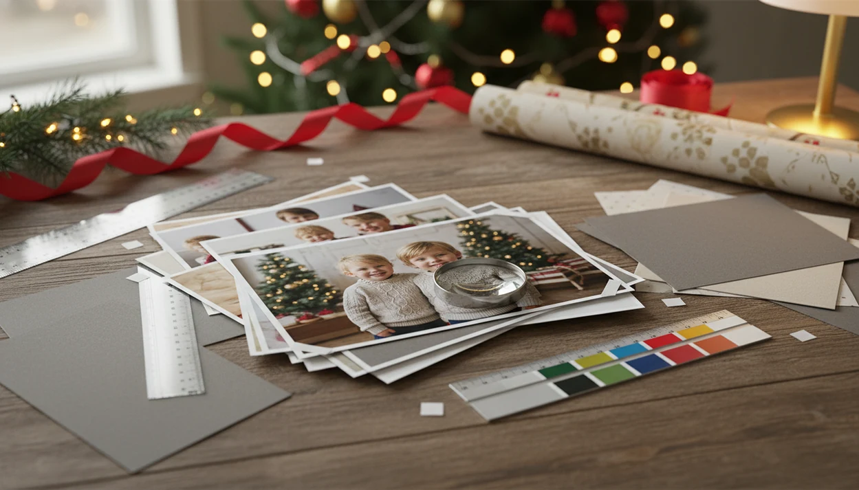Printed Christmas portraits are checked with a ruler, loupe, and paper samples on a festive table.