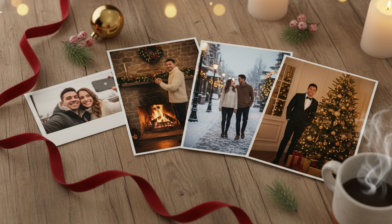 A couple selfie is shown beside polished romantic Christmas portrait prints on a festive table.