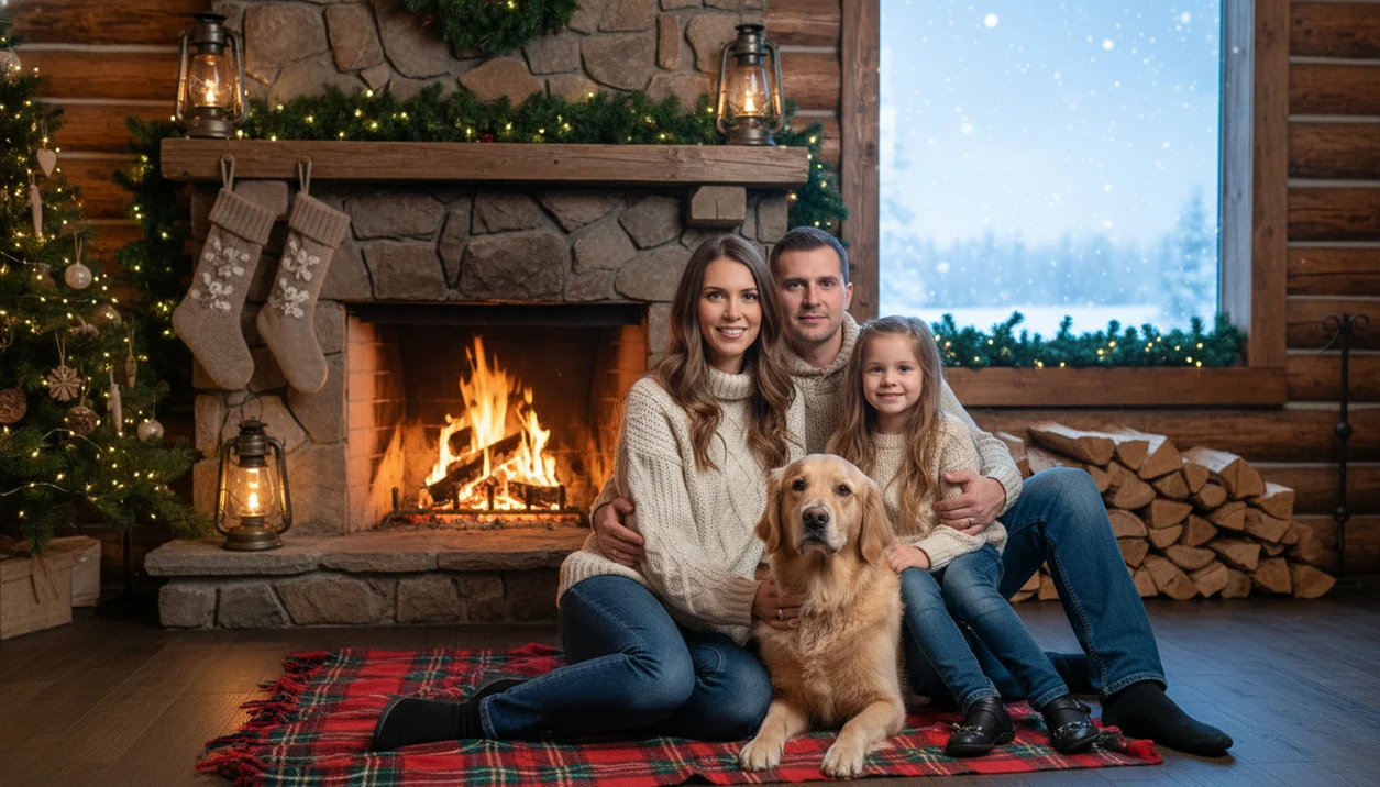 A family and dog pose in a warm rustic cabin Christmas scene with fireplace, plaid blanket, pine garland, and snow outside.