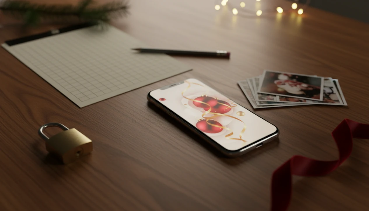 A phone, face-down child photos, and a padlock suggest checking privacy before using a Santa photo app.