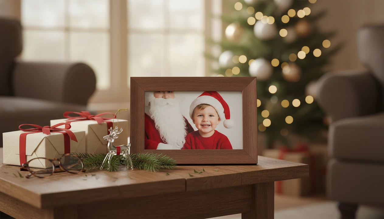 A framed Santa-style child portrait sits with wrapped gifts and ornaments for a grandparent keepsake.