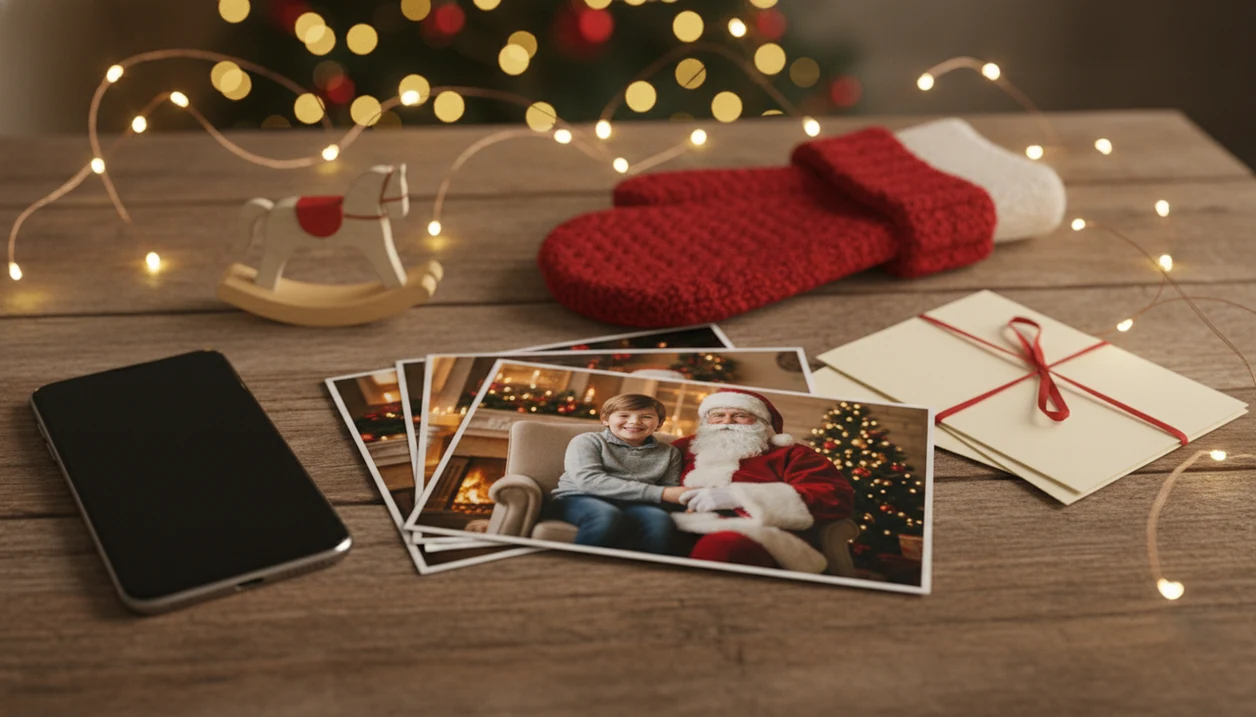 A phone and holiday photo prints sit on a cozy table with a realistic Santa portrait for parents.