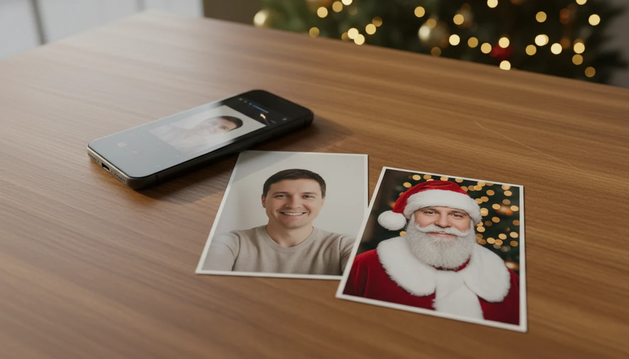 A phone and two photo prints show a plain selfie transformed into a realistic Santa suit portrait.
