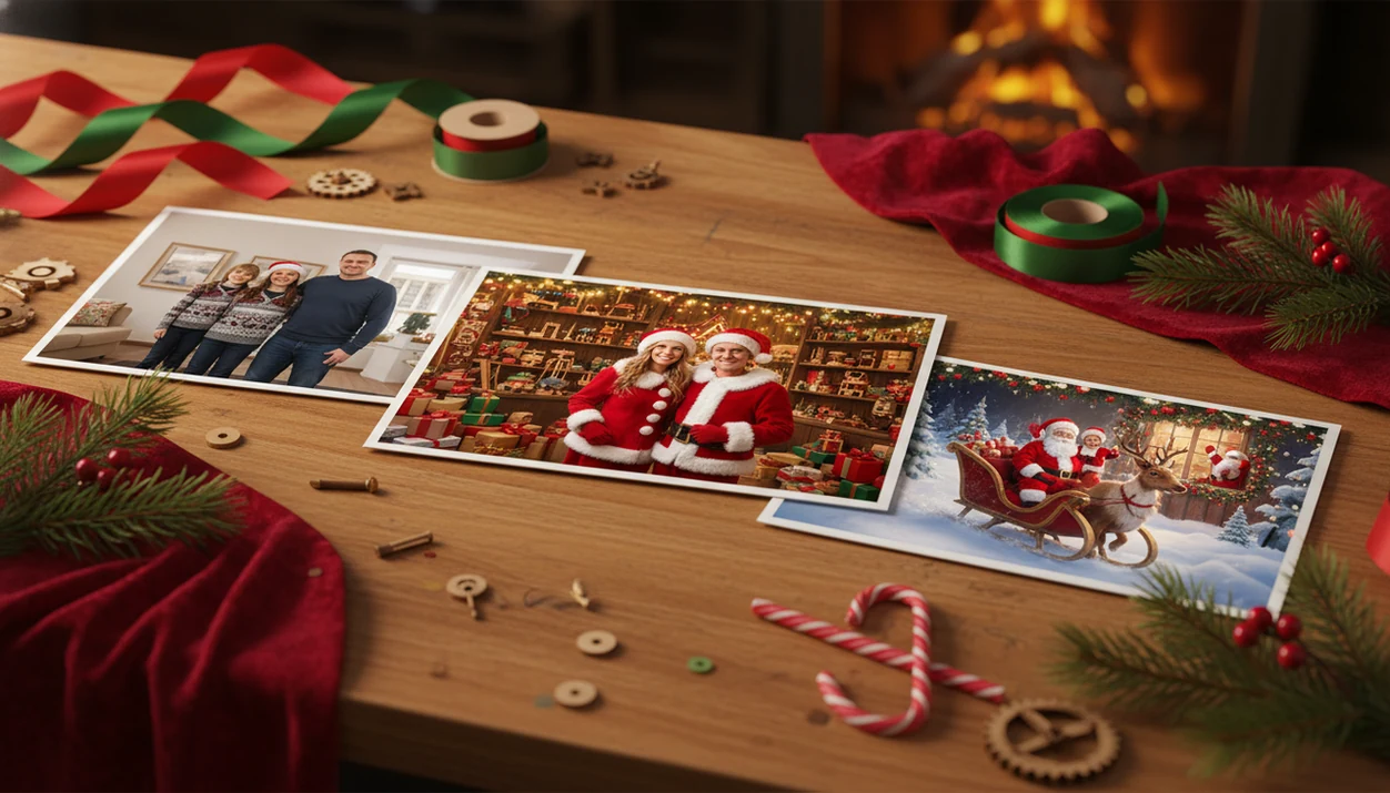 Holiday portrait prints on a Santa workshop table show a plain family photo transformed into festive North Pole scenes.
