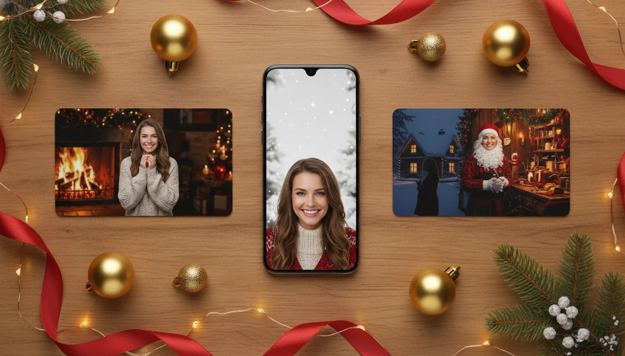 A phone and printed previews show one portrait transformed into several Christmas wallpaper styles.
