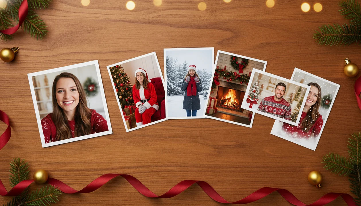 A single selfie print fans into several AI-generated Christmas portrait styles on a festive desk.
