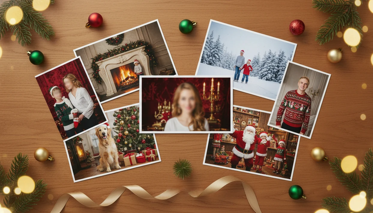 A desk shows one source portrait surrounded by several different AI Christmas photo style prints.