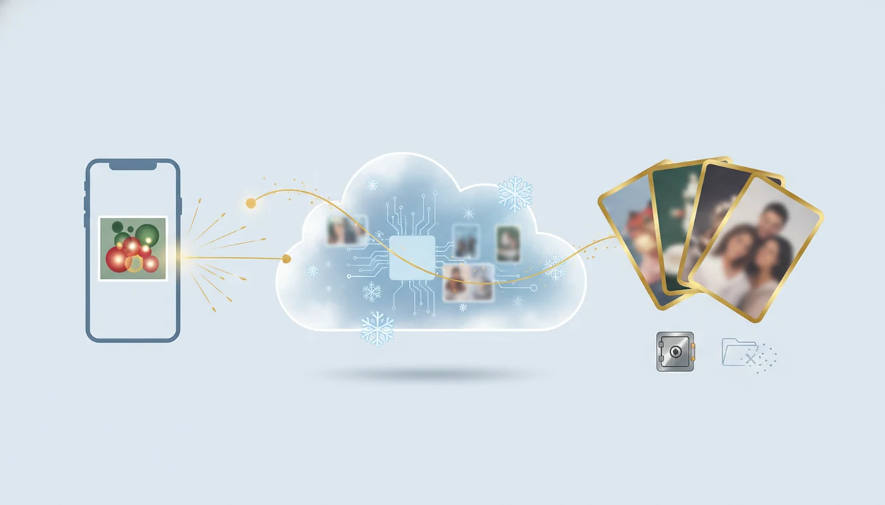 A conceptual data-flow illustration shows a Christmas photo moving from a phone to cloud AI processing and outputs.