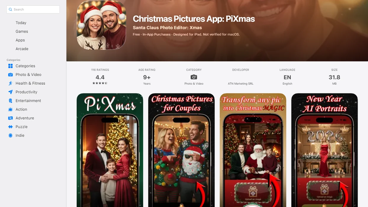 PiXmas app showing festive photo styles.